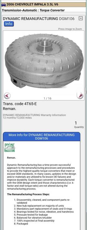 Dgm106 Dynamic Remanufacturing 2006 Chevrolet Impala Reman 3.5l 4t65e Rebuilt Torque Converter